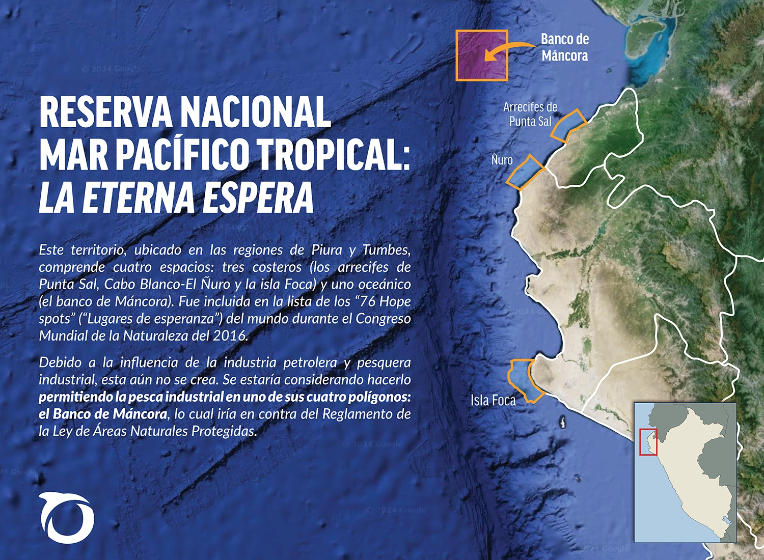 Infografía que detalla todo lo que ocurre en el mar tropical de Grau Este territorio, ubicado en las regiones de Piura y Tumbes, comprende cuatro espacios: tres costeros (los arrecifes de Punta Sal, Cabo Blanco-El Ñuro y la isla Foca) y uno oceánico (el banco de Máncora). Fue incluida en la lista de los "76 Hope spots" ("Lugares de esperanza") del mundo durante el Congreso Mundial de la Naturaleza del 2016. Debido a la influencia de la industria petrolera y pesquera industrial, esta aún no se crea. Se estaría considerando hacerlo permitiendo la pesca industrial en uno de sus cuatro polígonos: el Banco de Máncora, lo cual iría en contra del Reglamento de la Ley de Áreas Naturales Protegidas.