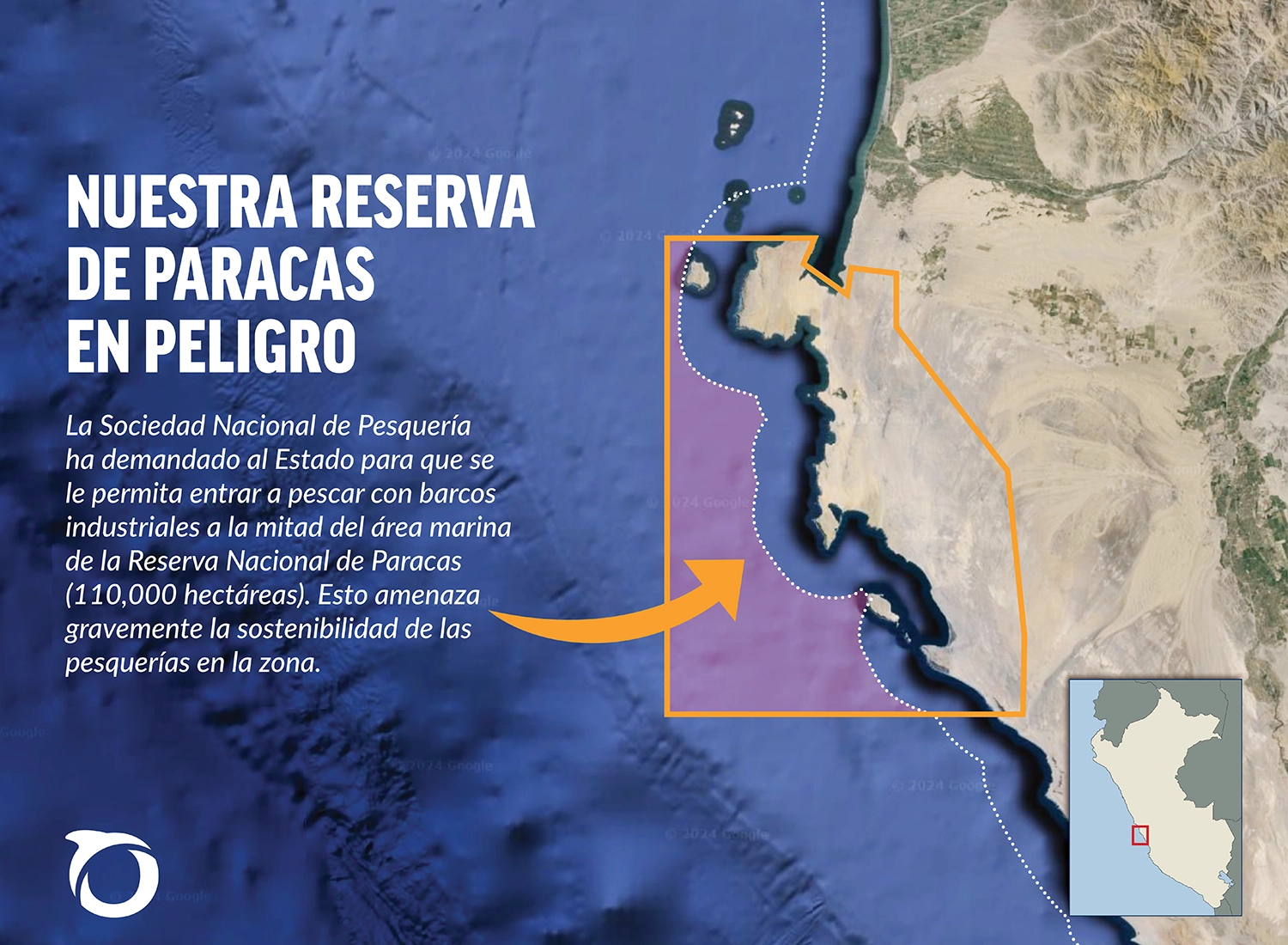Infografía sobre la Reserva de Paracas. La Sociedad Nacional de Pesquería ha demandado al Estado para que se le permita entrar a pescar con barcos industriales a la mitad del área marina de la Reserva Nacional de Paracas (110,000 hectáreas). Esto amenaza gravemente la sostenibilidad de las pesquerías en la zona.